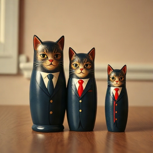 Three cats in matching suits, largest to smallest